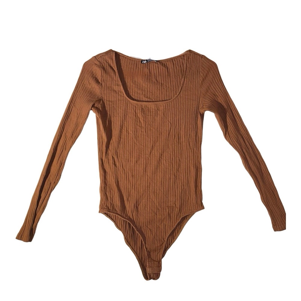 Zara Woman's Ribbed Bodysuit Brown Size Medium Square‎ Neckline Knit Texture